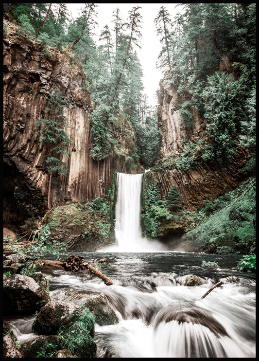 Watercolor forest waterfall poster for nursery and home wall decor.