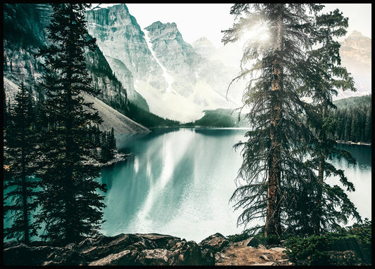 Watercolor forest lake poster for nursery and home wall decor.