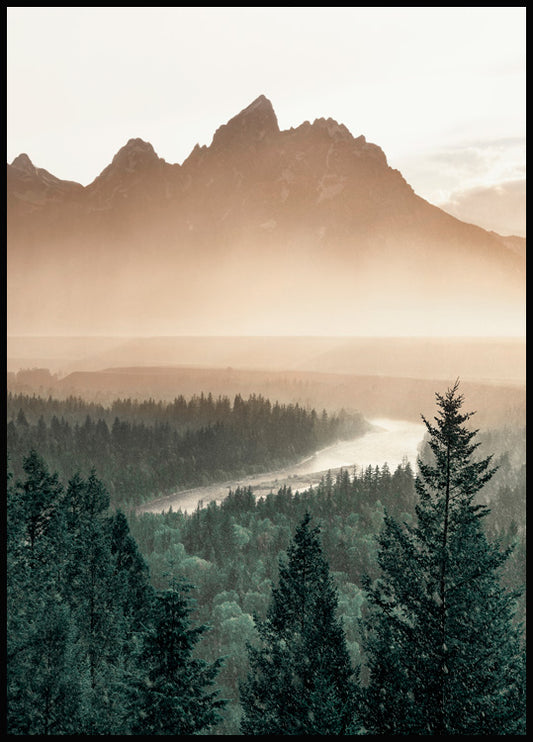 Watercolor pine tree valley poster for nursery and home wall decor.