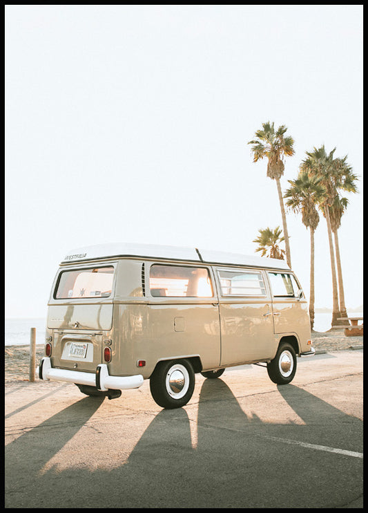 Watercolor beach van poster for nursery and home wall decor.