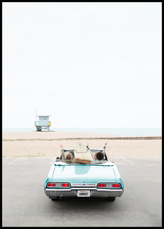 Watercolor beach drive poster for nursery and home wall decor.