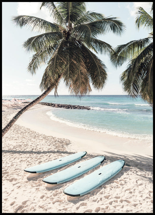 Watercolor blue surfboards poster for nursery and home wall decor.