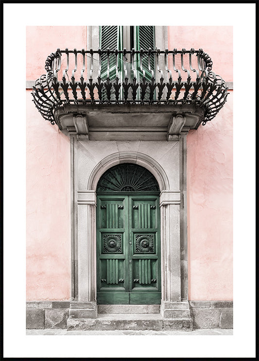 Watercolor vintage green door poster for nursery and home wall decor.