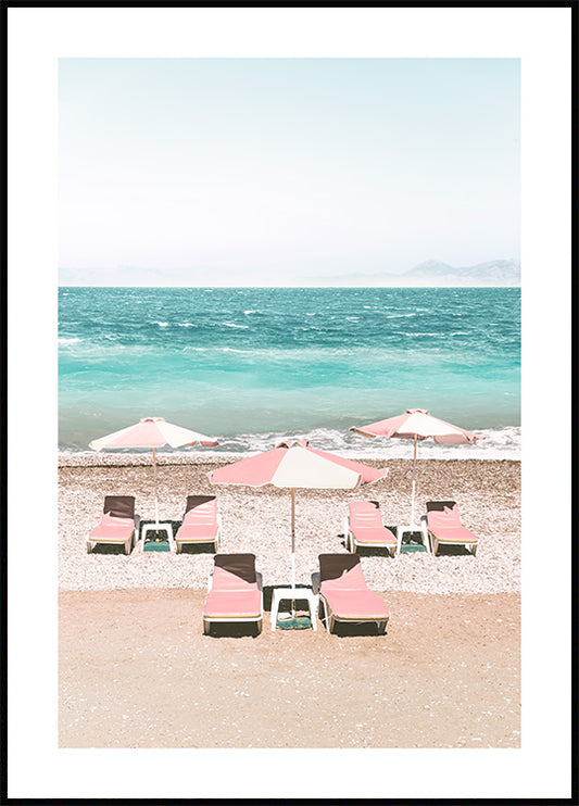 Watercolor pink beach umbrellas poster for nursery and home wall decor.