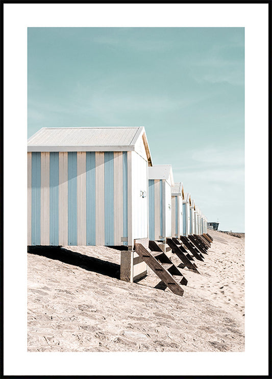 Watercolor blue beach huts poster for nursery and home wall decor.