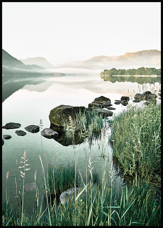 Watercolor misty river poster for nursery and home wall decor.
