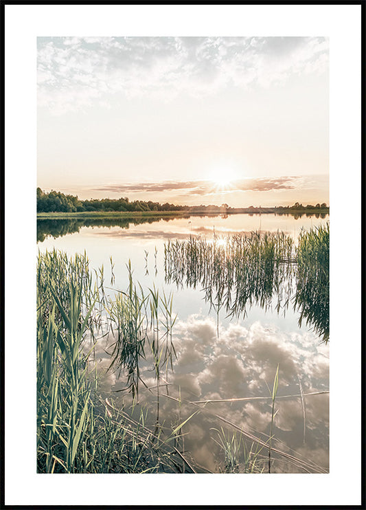Watercolor sunset lake poster for nursery and home wall decor.