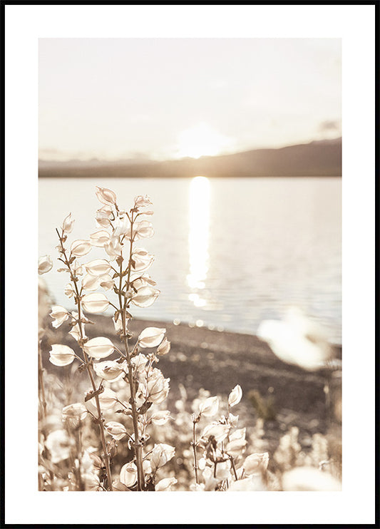 Watercolor sun over summer lake poster for nursery and home wall decor.