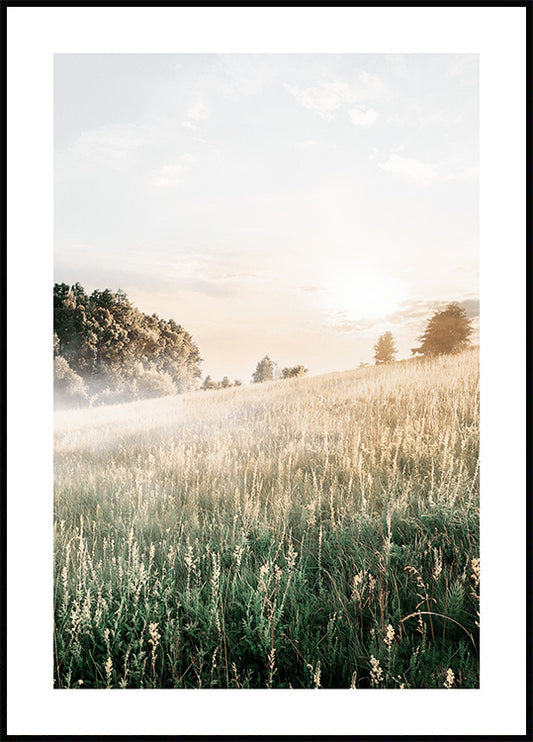 Watercolor foggy morning field poster for nursery and home wall decor.