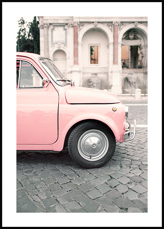 Watercolor pink car poster for nursery and home wall decor.