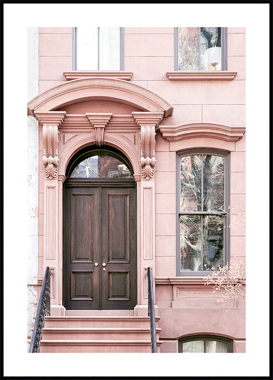 Watercolor pink building poster for nursery and home wall decor.