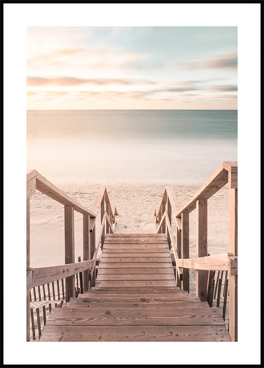 Watercolor sunrise beach stairs poster for nursery and home wall decor.
