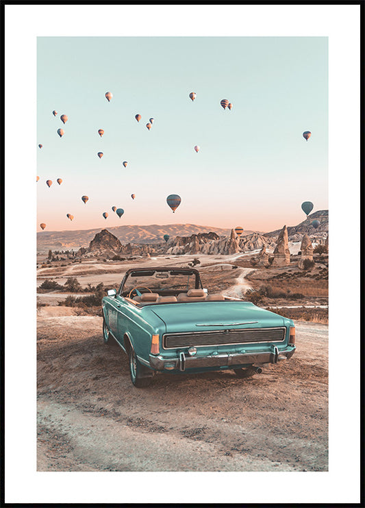 Watercolor retro car in cappadocia poster for nursery and home wall decor.
