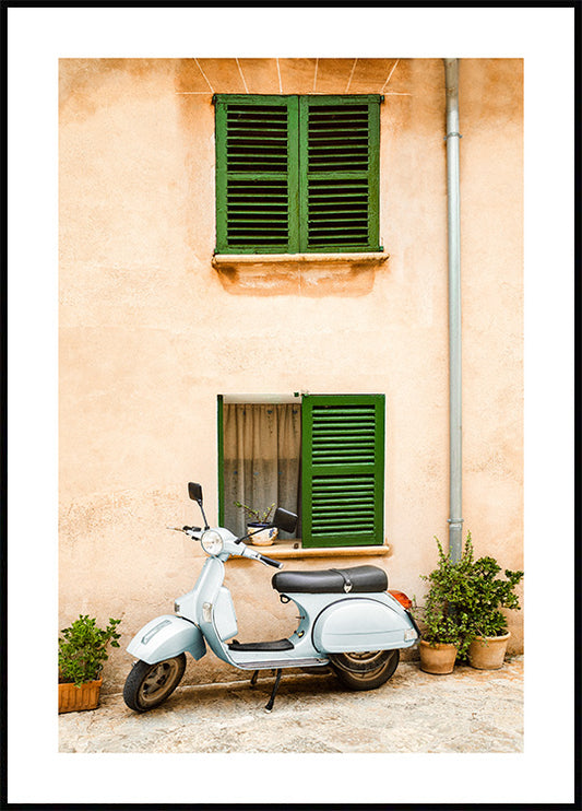 Watercolor blue scooter poster for nursery and home wall decor.