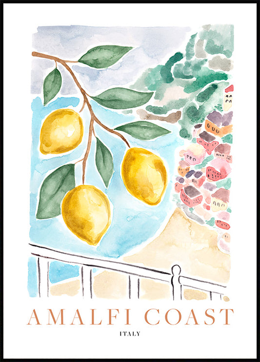 Watercolor amalfi coast lemons poster for nursery and home wall decor.