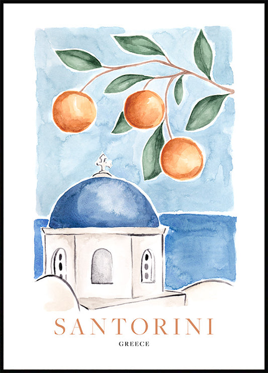 Watercolor santorini oranges poster for nursery and home wall decor.