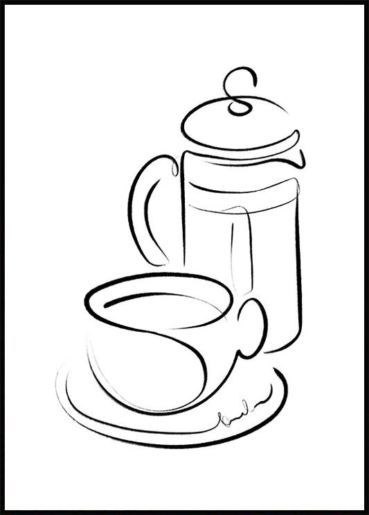 Watercolor coffee line art poster for nursery and home wall decor.
