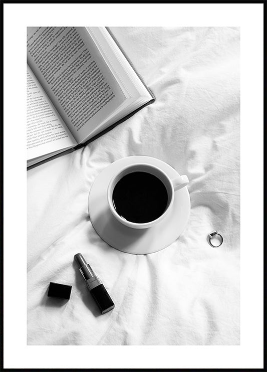 Watercolor coffee in bed poster for nursery and home wall decor.