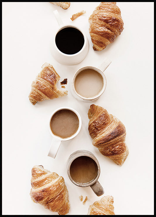 Watercolor coffee and croissants poster for nursery and home wall decor.