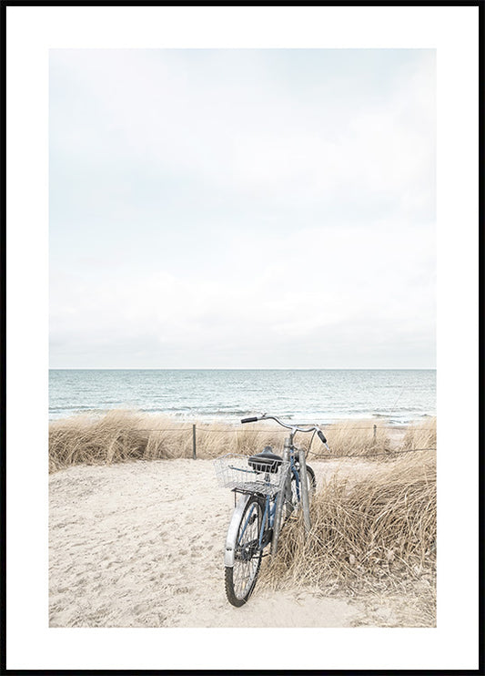 Watercolor bike on beach poster for nursery and home wall decor.