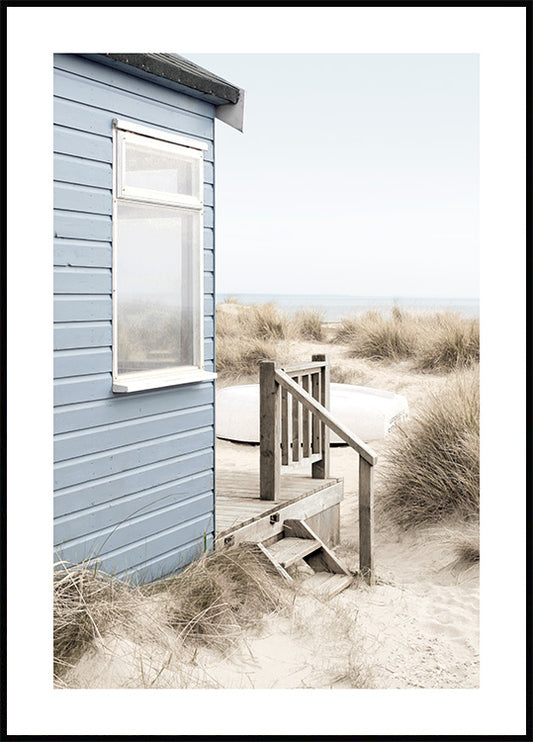 Watercolor beach house poster for nursery and home wall decor.