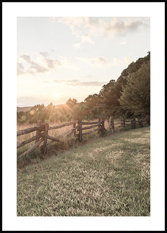 Watercolor sunset over the fence poster for nursery and home wall decor.