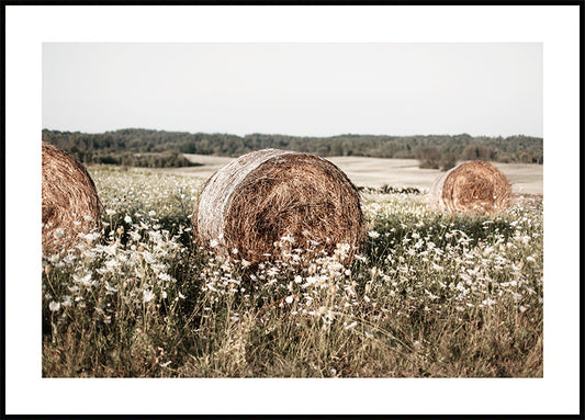 Watercolor hay on meadow poster for nursery and home wall decor.