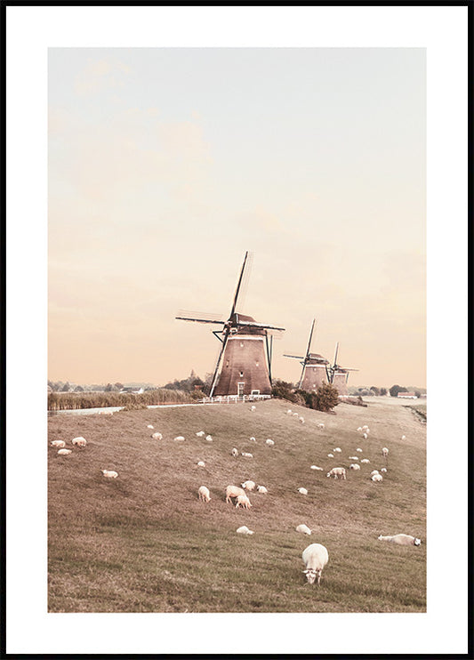Watercolor windmills and sheep poster for nursery and home wall decor.