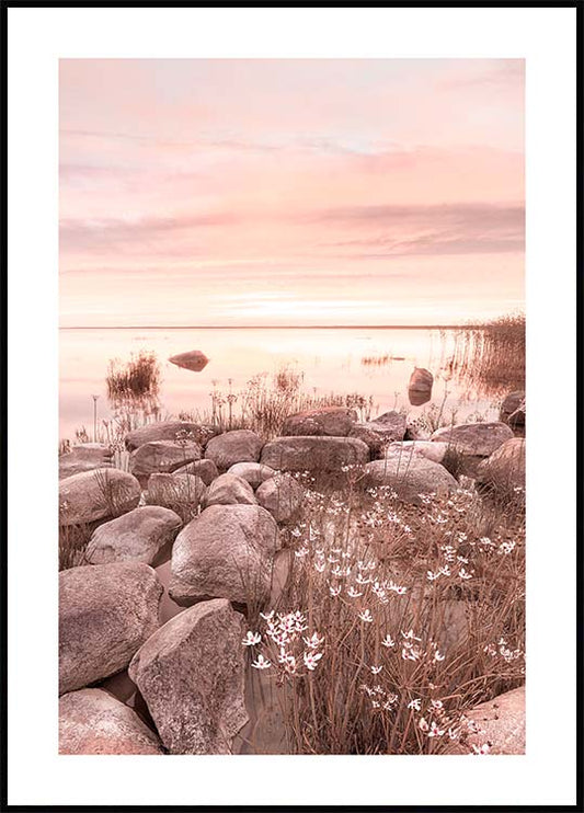 Watercolor calm lake sunset poster for nursery and home wall decor.
