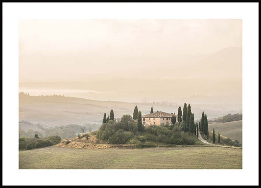 Watercolor tuscany landscape poster for nursery and home wall decor.