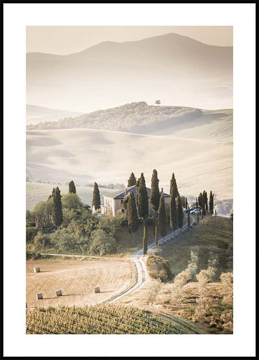 Watercolor tuscany hills landscape poster for nursery and home wall decor.