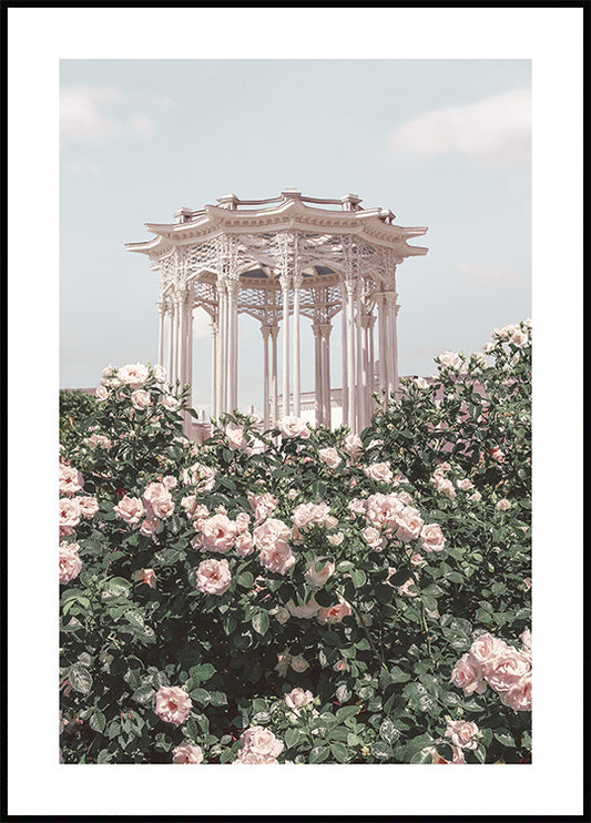 Watercolor rose pavilion poster for nursery and home wall decor.