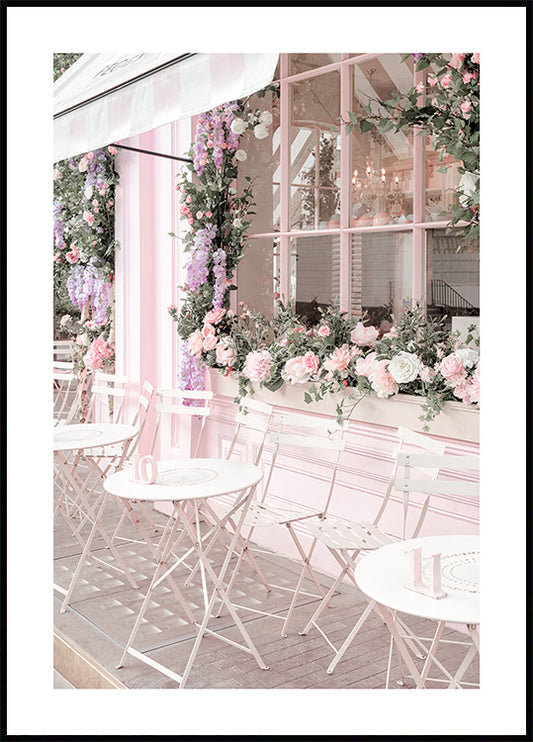 Watercolor pink café poster for nursery and home wall decor.