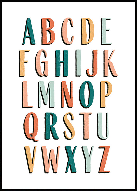 Watercolor colourful alphabet poster for nursery and home wall decor.