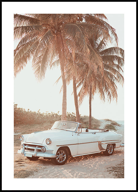 Watercolor retro car on beach poster for nursery and home wall decor.