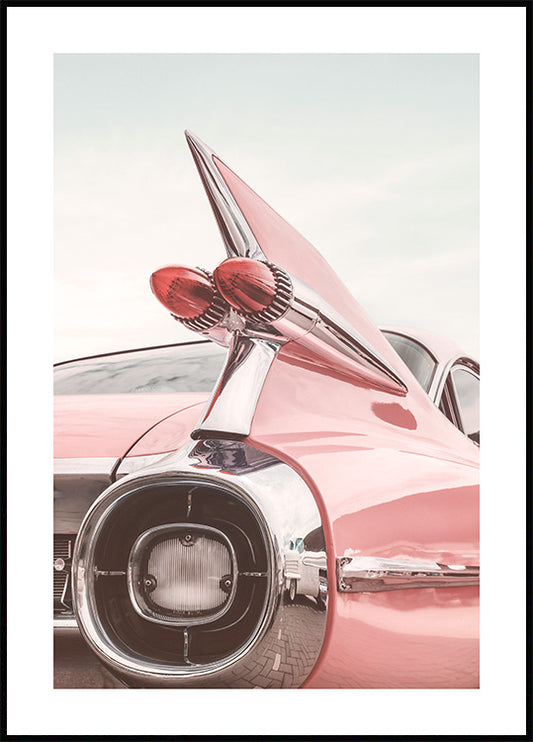 Watercolor retro pink car poster for nursery and home wall decor.