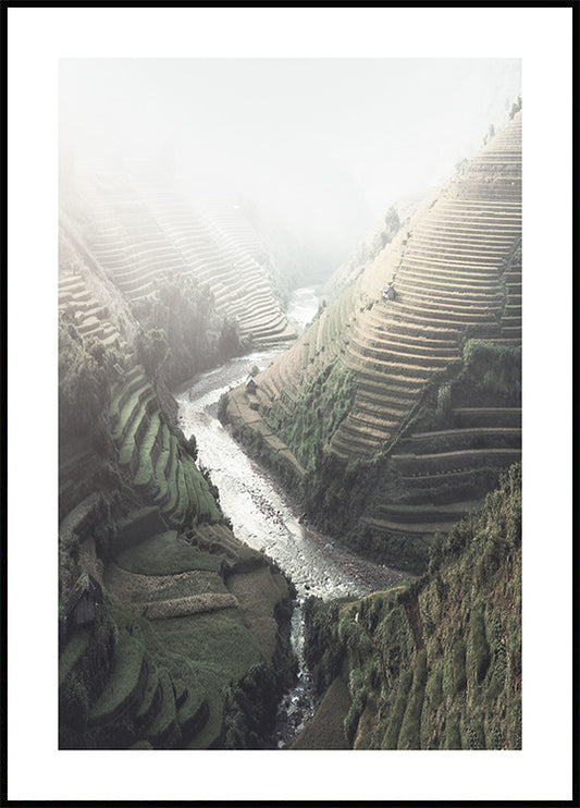Watercolor vietnam rice terraces poster for nursery and home wall decor.