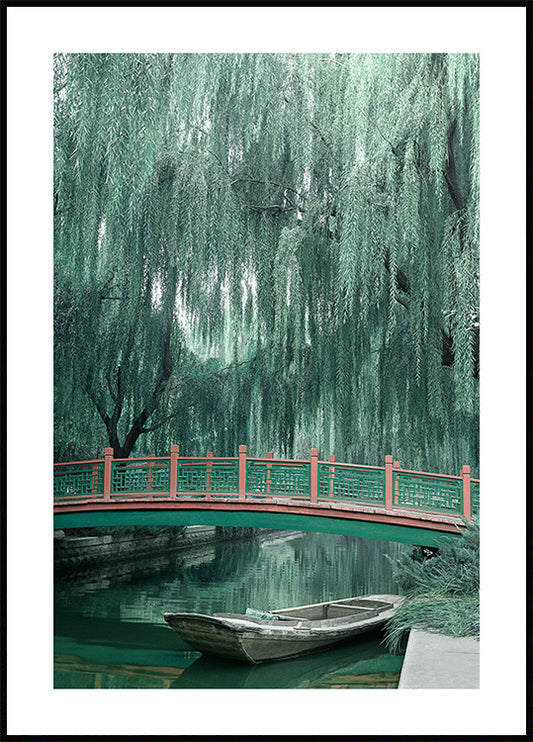 Watercolor bridge under willow tree poster for nursery and home wall decor.