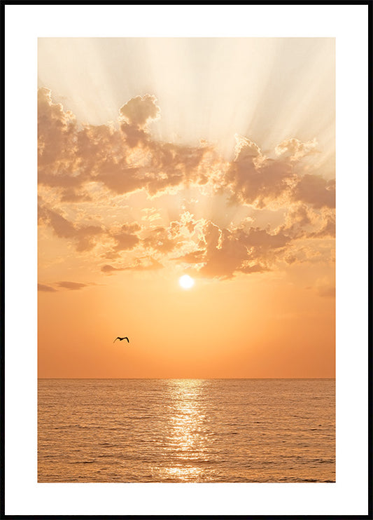 Watercolor orange sunset poster for nursery and home wall decor.