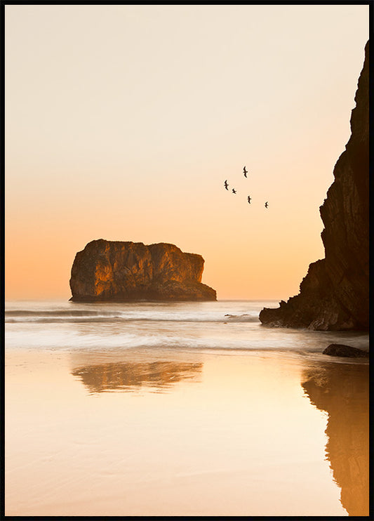 Watercolor coast at dawn poster for nursery and home wall decor.