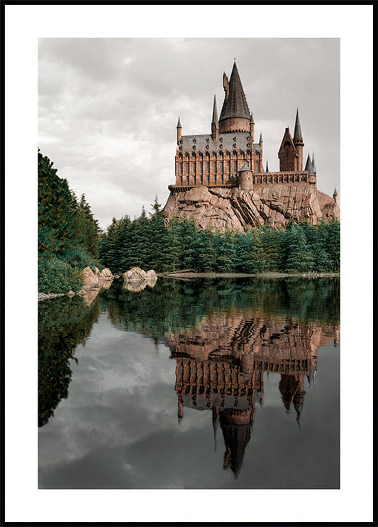 Watercolor magic castle reflection poster for nursery and home wall decor.