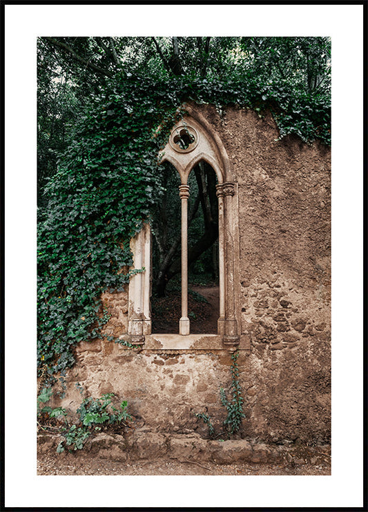 Watercolor window in the forest poster for nursery and home wall decor.