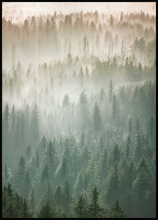 Watercolor mist over the treetops poster for nursery and home wall decor.