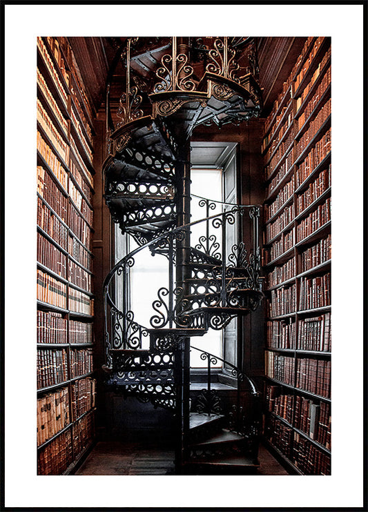 Watercolor library staircase poster for nursery and home wall decor.
