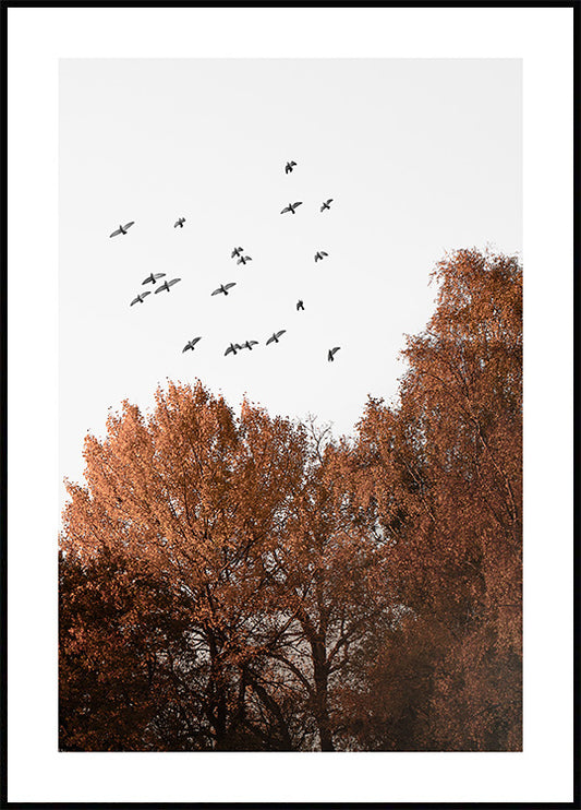 Watercolor birds over the forest poster for nursery and home wall decor.