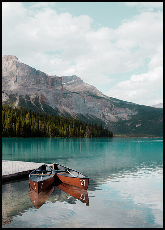 Watercolor boats on lake louise poster for nursery and home wall decor.