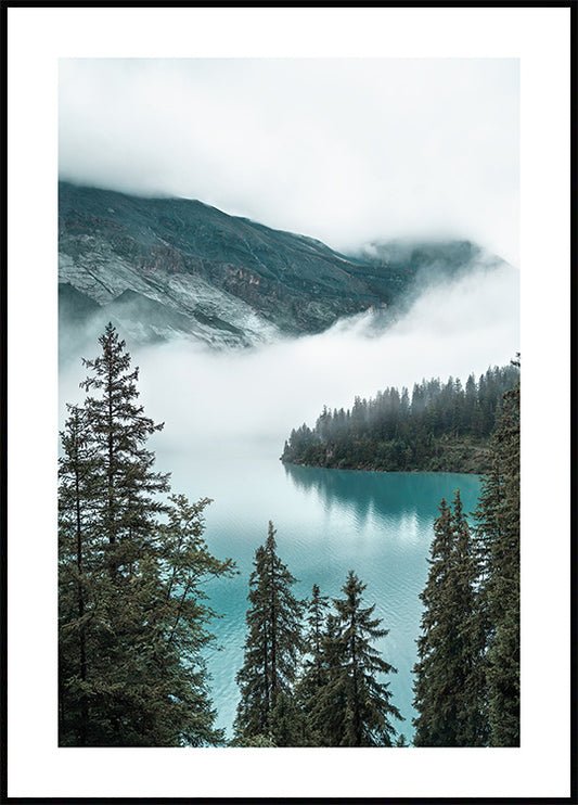Watercolor cloudy mountain lake poster for nursery and home wall decor.