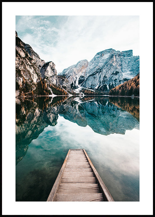 Watercolor peaceful lake braies poster for nursery and home wall decor.