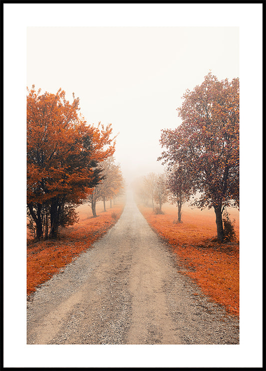 Watercolor misty tree alley poster for nursery and home wall decor.