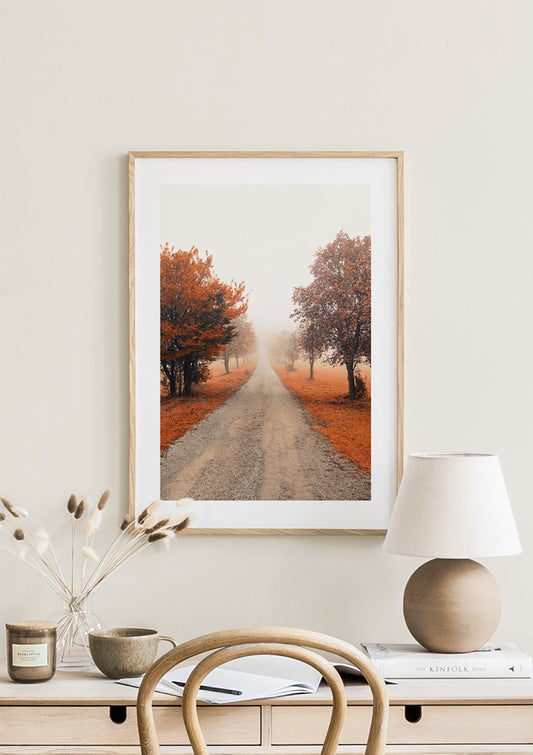 Watercolor misty tree alley poster for nursery and home wall decor.